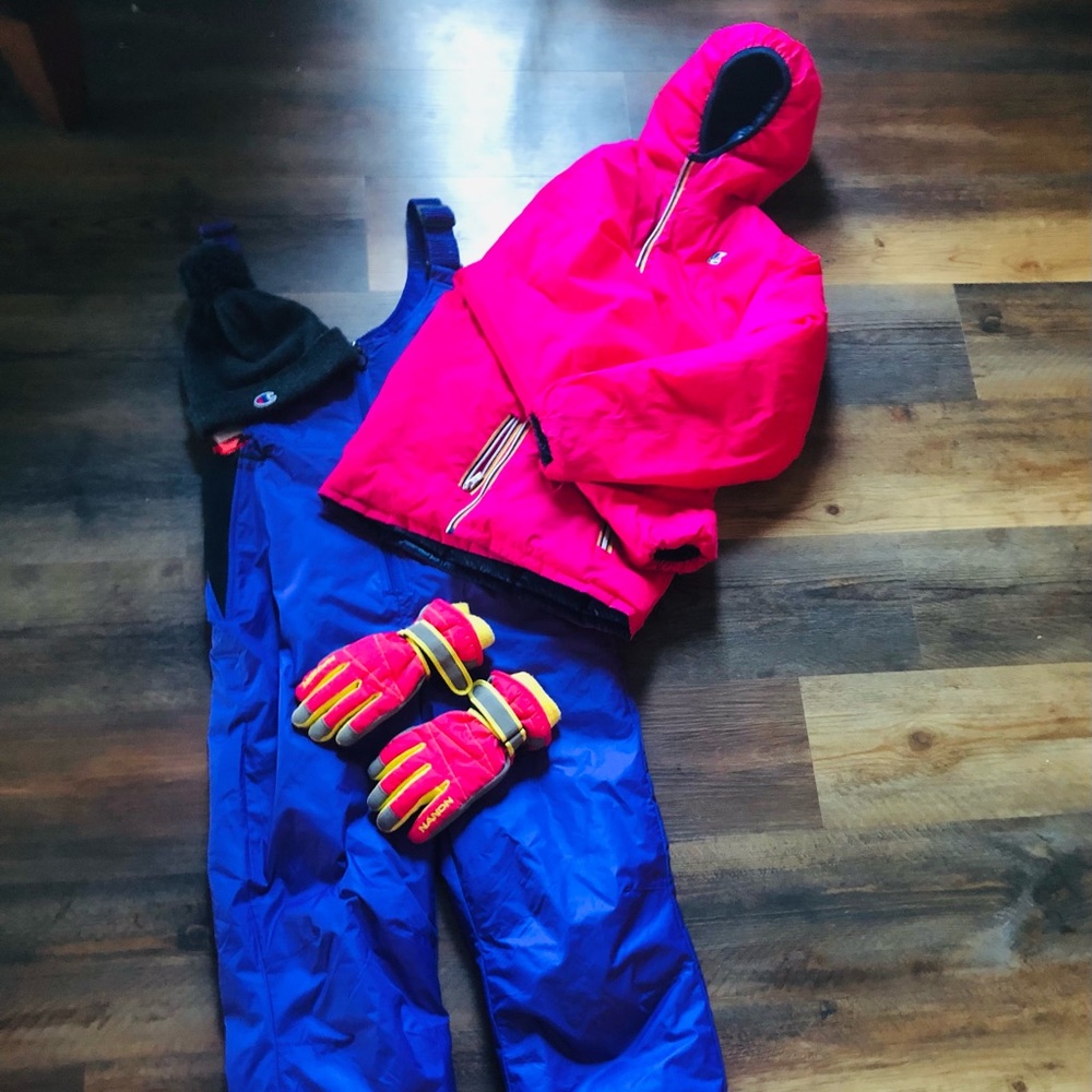 Bundle including  snow bibs, size L kids. Reversible puffer coat, hat and gloves